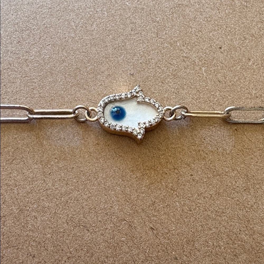 Hamsa with evil eye bracelet paper clip style chain with clasp closure dainty